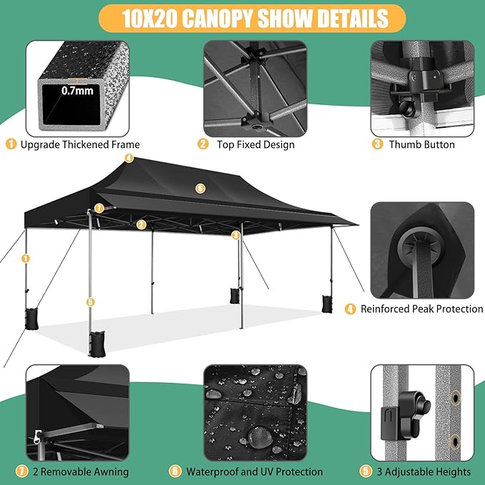 COBIZI 10x20 Pop Up Canopy Tent with Awning,Heavy Duty Canopy UPF 50+ All Season Wind Waterproof Commercial Outdoor Street Vendors Party Tents for Parties Canopy with Roller Bag(10 x 20 ft Black)