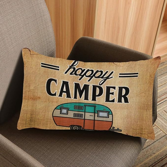 Throw Pillow Cover Happy Camper Camping Outdoor Decorative Pillow Case Home Decor 20x12 Inches Pillowcase