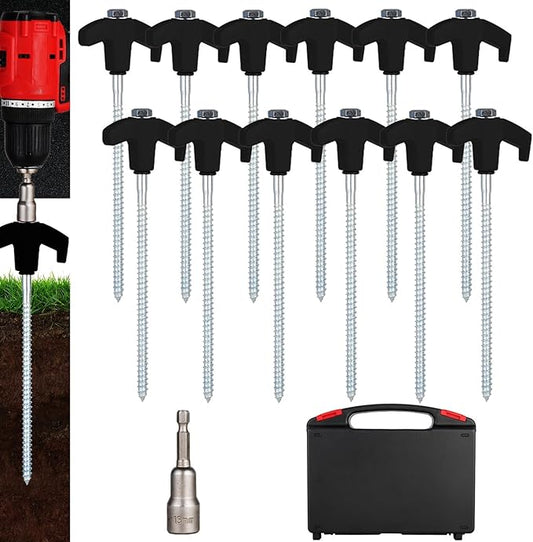 12 Pack Screw in Tent Stakes Heavy Duty,8 ’’ Ground Anchors Screw in,Metal Stakes with Hex Head Driver and Sturdy Storage Box. (12, Black)