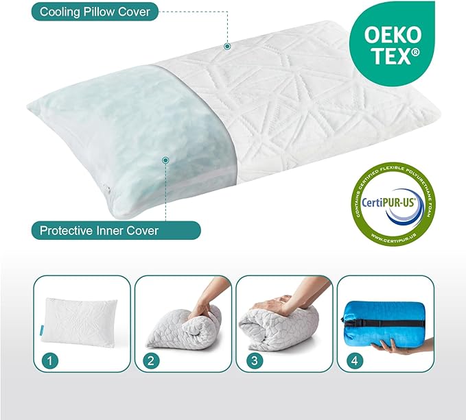 Small Shredded Gel Memory Foam Pillow,Adjustable for Contoured Support -Portable Ideal for Backpacking, Camping, Travel, Car, Airplane,Office Nap