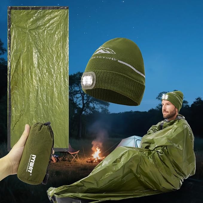 Emergency Sleeping Bag & LED Beanie Kit - Portable Bivy Sack Blanket, Winter Warm Knitted Hat with Light, Waterproof Survival Gear for Camping Hiking Adventure