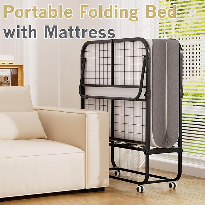 Folding Bed with Mattress for Adults,Roll Away Foldable Bed, Portable Rollaway Bed with 5-inch Memory Foam Mattress & Sturdy Metal Frame, Space-Saving Easy Storage,75"x 38"