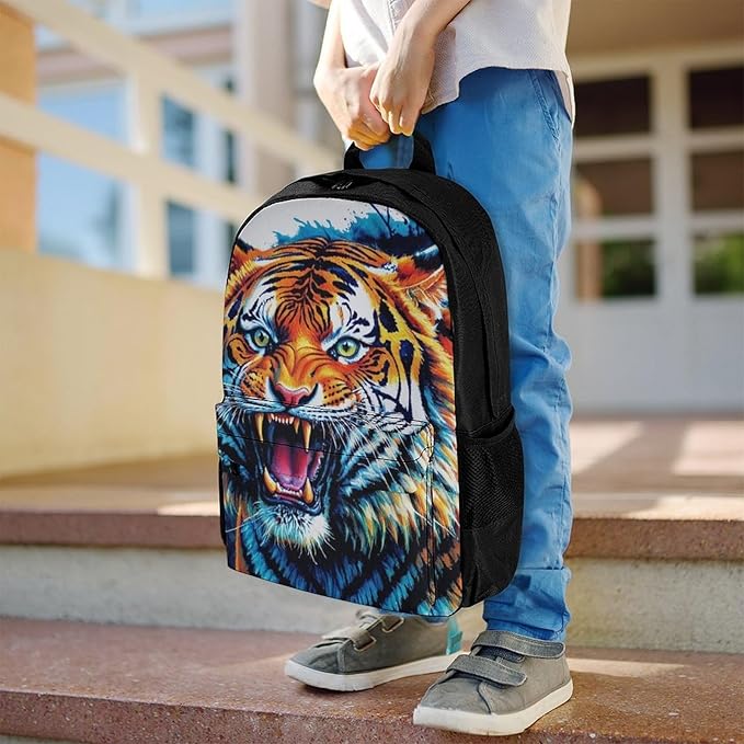 Supdreamc Men Women Polyester Blue Fierce Wild Tiger Animal King Art Casual Daypack Large Capacity Carry On Bag With Adjustable Shoulder Straps for Camping Work Running