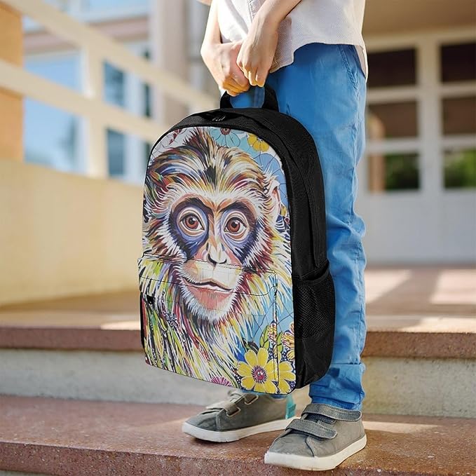 Supdreamc Men Women Polyester Colorful Animal Monkey Flower Casual Daypack Large Capacity Carry On Bag With Adjustable Shoulder Straps for Camping Work Running
