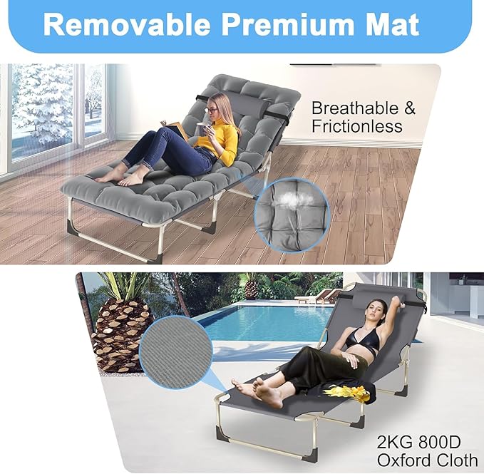 Leo IRis Portable Folding Camping Cot, Oversize Adjustable 5-Position Adults Reclining Lounge Chairs with Pillow, Heavy Duty Oxford Cloth 600D with Mattress (Gray - Upgrade Bed (with Mat))