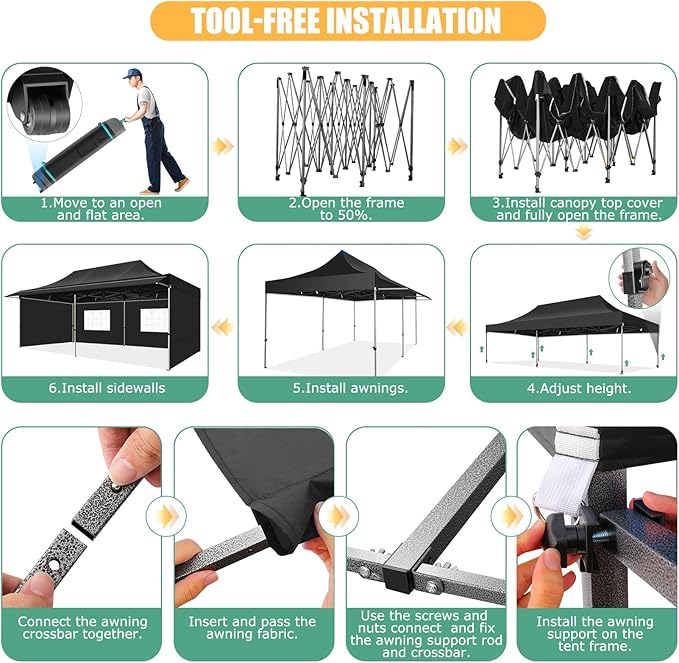 COBIZI 10x20 Pop Up Canopy Tent with Awning,Heavy Duty Canopy UPF 50+ All Season Wind Waterproof Commercial Outdoor Street Vendors Party Tents for Parties Canopy with Roller Bag(10 x 20 ft Black)