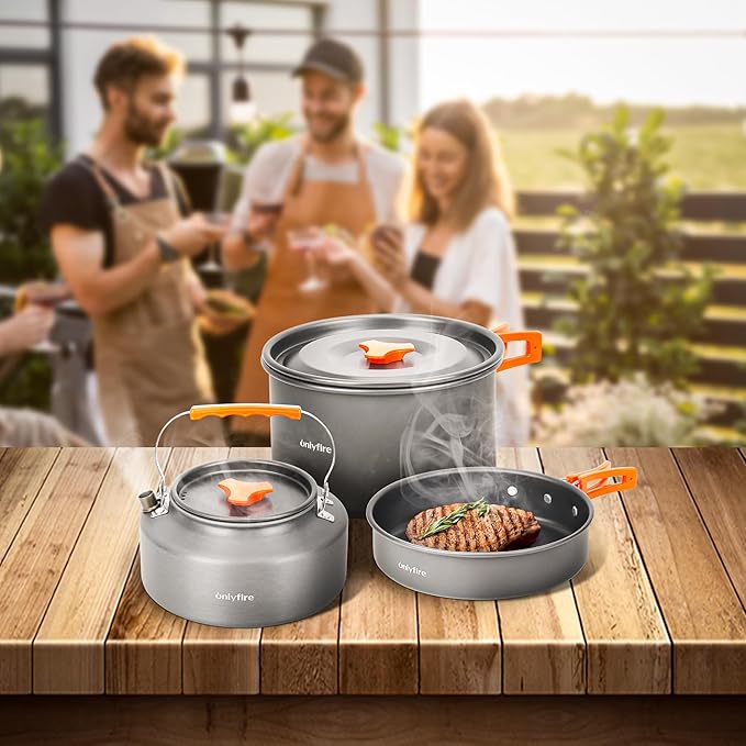 Onlyfire 10pcs Camping Cookware Mess Kit, Non-Stick Lightweight Pot Pan Kettle Set with Plates Forks Knives Spoons for Camping, Backpacking, Outdoor Cooking and Picnic CT603