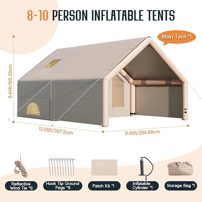 SPECRAFT Canvas Bell Yurt Tents & Inflatable Tent for Camping, Waterproof Glamping Tent with Stove Jack, Breathable Mesh, Snowproofing Spacious 4-Season Family Shelter for Outdoor, Camping, Parties
