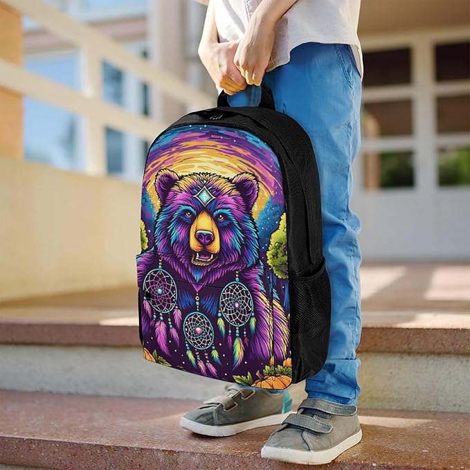 Lightweight Rucksacks for Camping Picnic Walking Cycling, Large Capacity Multipurpose Anti-Theft Carry On Bag, Bear Natural Landscape Psychedelic Mysterious Dreamy Art Travel Hiking Camping Rucksack