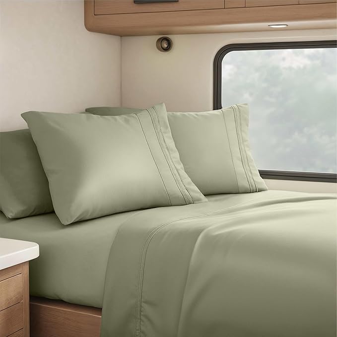 Hearth & Harbor Short Queen Sheets for RV, Sage Green RV Queen Sheets, Silky Soft 1800 Microfiber Bed Sheet for Camper, 4 Piece RV Bedding with Pillowcases