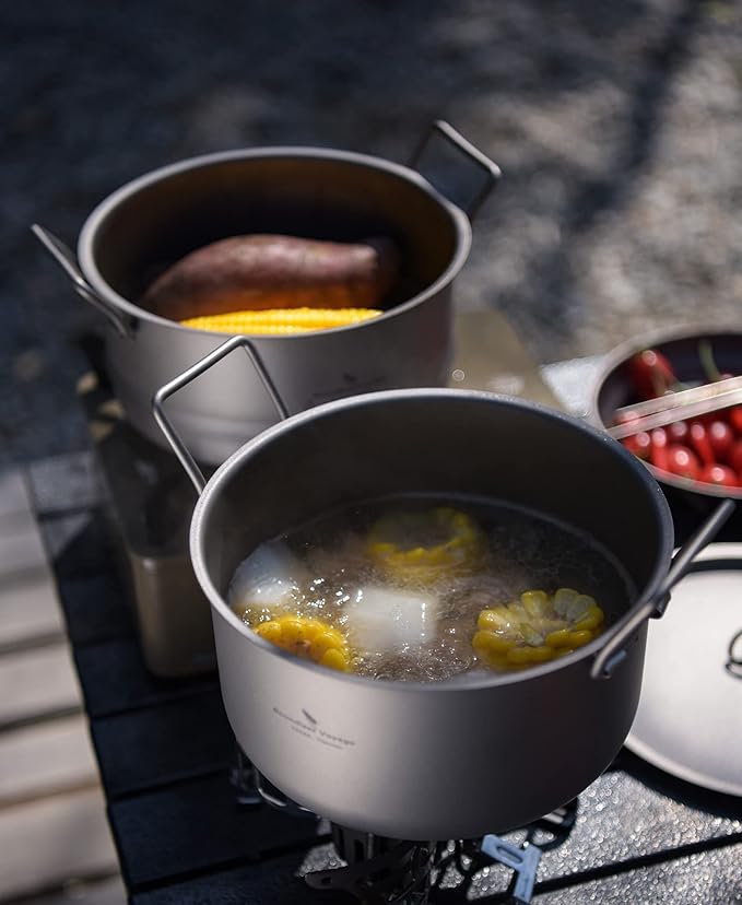 iBasnigo 2.2L Titanium Pot with Steamer Lightweight Portable Cookware Set for Camping Hiking Kitchen Cooking US-Ti2111C