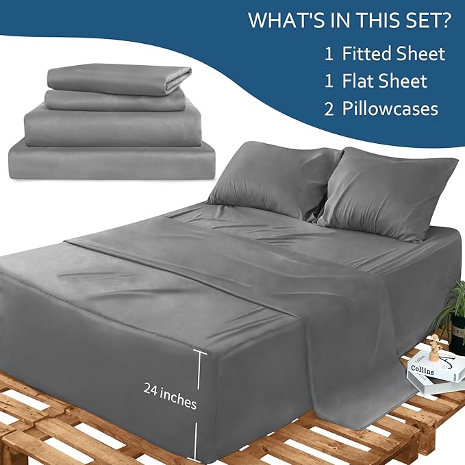 Air Mattress King Size Sheets Set - Extra Deep Pocket King Sheet Set - 4 Piece King Bedding Set Fade Resistant Fits 16in to 24in Pillow Top Air Bed Mattress - Grey