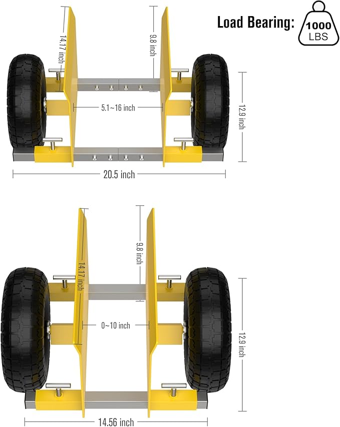 Yellow Heavy Duty Panel Dolly, Adjustable Width Door Dollys with Wheels, 9.3" Solid Rubber Tires and 2 Spare Pole, All-Terrain Movement for Heavy Drywall Sheet & Door Material, 1000LBS