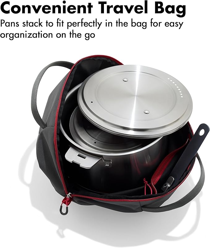 OXO Outdoor 8 Piece Camping Cookware Set, 10" Pre-Seasoned Carbon Steel Frying Pan Skillet, 2.25QT and 5QT Stainless Steel Saucepans with Lids, Removeable Handle, Trivet, Travel Bag, Space-Saving