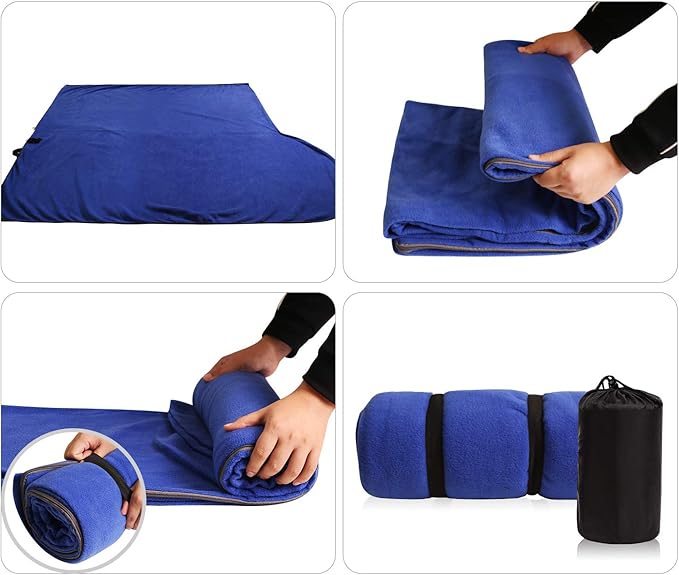 REDCAMP Fleece Sleeping Bag Liner with Hood, Great for Adult Warm or Cold Weather, 87" Long Full Sized Zipper Camping Blanket for Outdoor, Blue