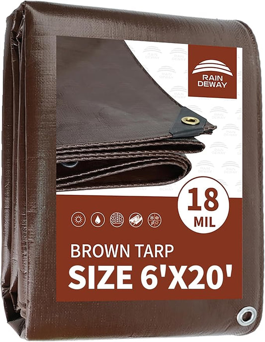 RAINDEWAY 6x20 Feet Super Heavy Duty 18 Mil Brown Poly Tarp Cover, UV Resistant, Weatherproof, Multipurpose Waterproof Poly Tarp with Grommets and Reinforced Edges