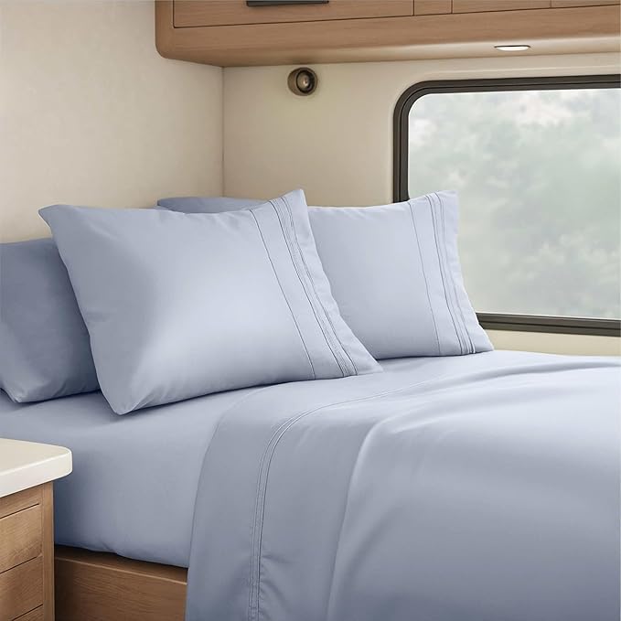 Hearth & Harbor Short Queen Sheets for RV, Ice Blue RV Queen Sheets, Silky Soft 1800 Microfiber Bed Sheet for Camper, 4 Piece RV Bedding with Pillowcases