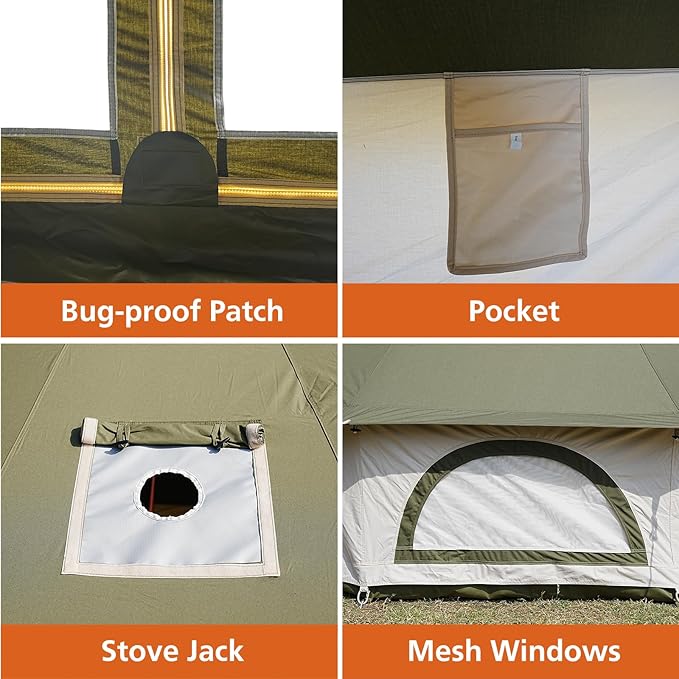 Canvas Bell Tent - 4 Season Glamping Tent with Stove Jack for Family Camping - Assorted Colors, Waterproof