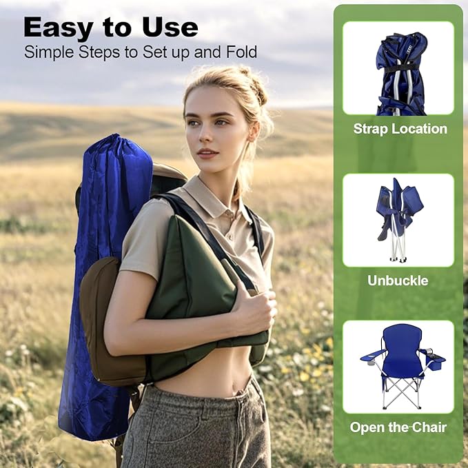 Folding Camping Chairs Durable 600D Oxford, Portable Outdoor Chair with Cooler Pouch, Cup Holder & Storage Pocket for Camping, Beach, Fishing