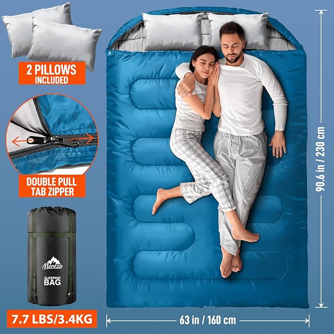 MEREZA Double Sleeping Bag for Adults Mens with Pillow, XL Queen Size Two Person Sleeping Bag for All Season Camping Hiking Backpacking 2 Person Sleeping Bags for Cold Weather & Warm