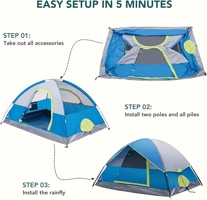 OLIXIS Camping Tent 2/4 Person, Waterproof Windproof Dome Tent with Multi-Directional Ventilation, Quick 5 Min Setup for Family Outdoor, Backpacking, Hiking
