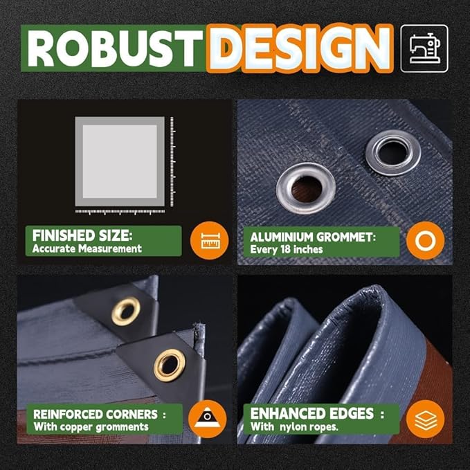 RAINDEWAY 12x25 Feet Super Heavy Duty Tarp 18 Mil, UV Resistant, Weatherproof, Multipurpose Waterproof Poly Tarp with Grommets and Reinforced Edges, Brown/Gray Tarps