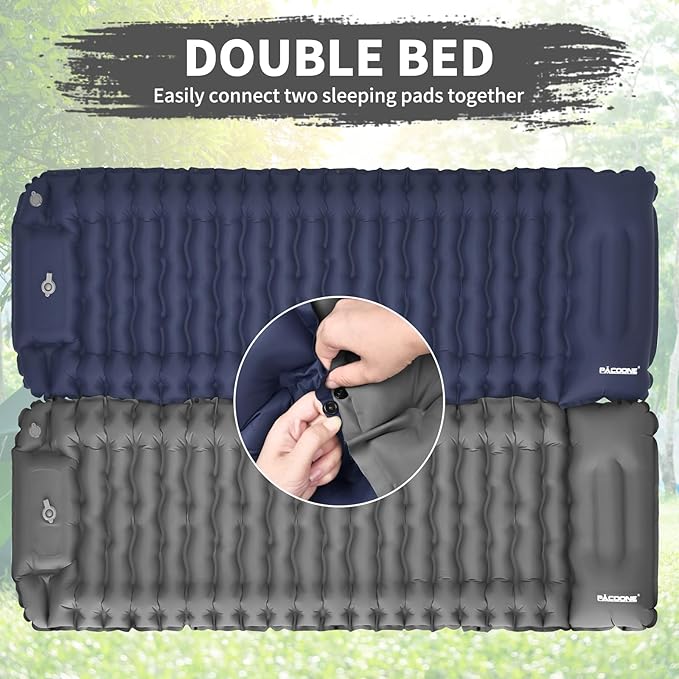 Camping Sleeping Pad, Connectable Design for Double Mat, Ultralight Inflatable Sleeping Mat with Pillow, Built-in Foot Pump, Portable Camping Air Mattress for Backpacking Hiking Tent (Grey)