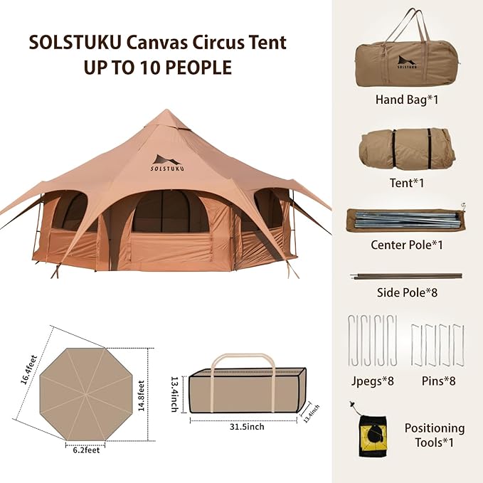 SOLSTUKU Canvas Tent Bell Tent 16.4ft*High9.2ft with Stove Jack for Glamping Family Camping Zipped Removable Floor