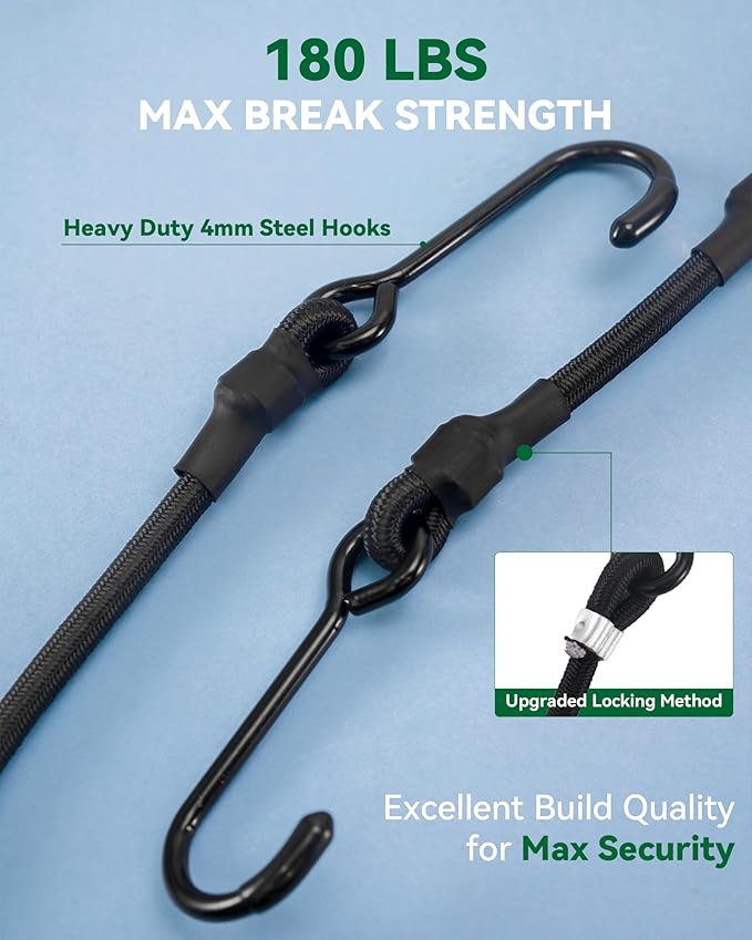 9 Pcs 180 Lbs Real Heavy Duty Bungee Cords with Rust Resistant Steel Hooks, 24 Inch Black Bungee Straps with 1.9X Stretch & UV Protection, Perfect for Camping, Tarps, Tent, Bike, Luggage