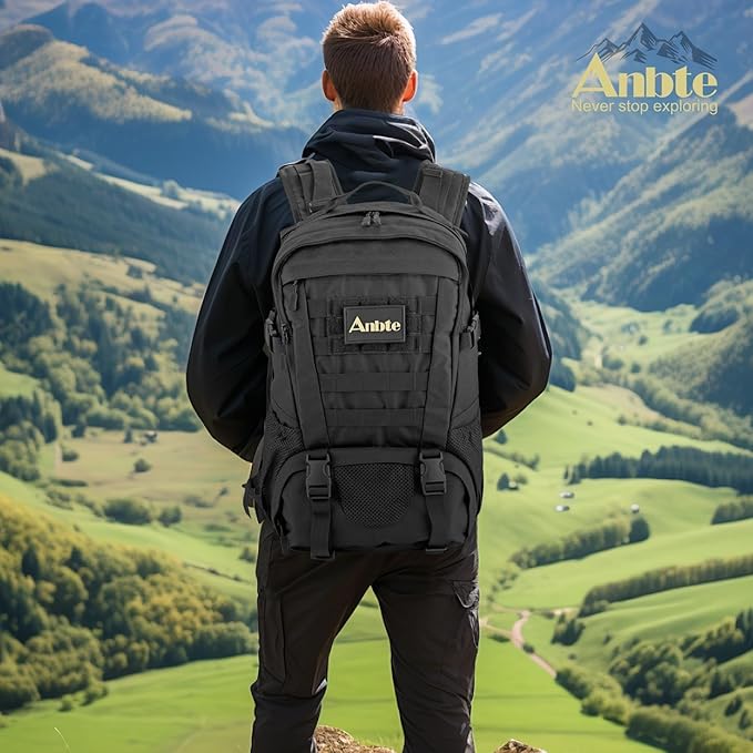 Anbte 40 L Waterproof Lightweight Tactical Backpack, MOLLE System, Comfortable Design for Camping, Hiking, Cycling & Travel, Durable Outdoor Day Pack for Men & Women (Black)