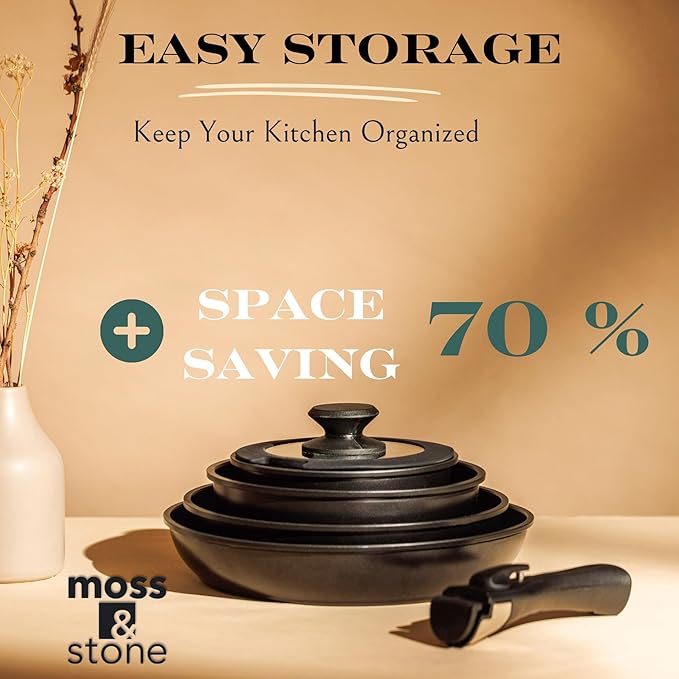 Moss & Stone 10pcs Black Pots and Pans Set Non Stick, Cookware Sets Detachable Handle, RV Kitchen Set Removable Handle, Oven Safe, Induction Ready, Stackable Non-stick Set, Camping Cookware Set