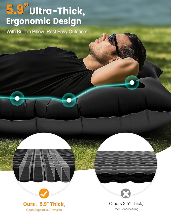 Camping Sleeping Pad,5.9 Inch Thick Camping Mat with Built in Pillow and Foot Pump,Self Inflating Sleeping Pad Ultralight for Camping Backpacking Tent(Green