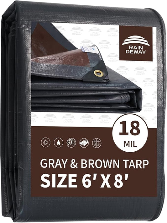 RAINDEWAY 6x8 Feet Super Heavy Duty Tarp, 18 Mil, UV Resistant, Weatherproof, Multipurpose Waterproof Poly Tarp with Grommets and Reinforced Edges, Gray/Brown