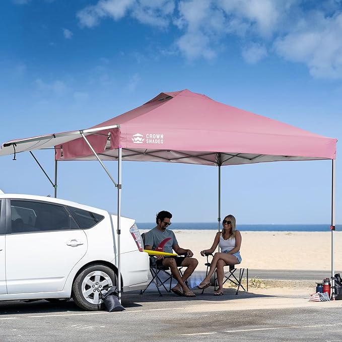 CROWN SHADES 10x10 Pop up Canopy Tent, Instant Commercial Canopy with Extend Awning, Patended Centerlock, 150D Silver Coated Fabric, 4 Ropes, 8 Stakes, 4 Weight Bags, STO 'N Go Bag, Pink