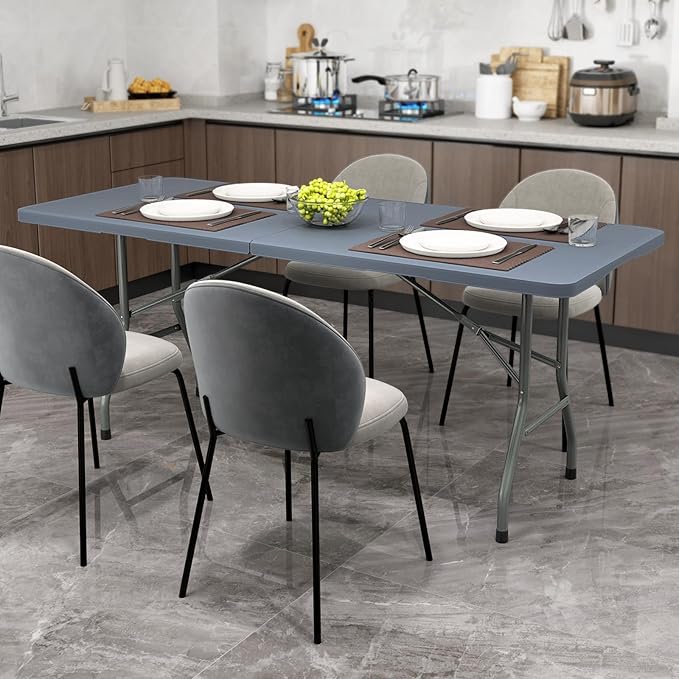 Folding Table, HDPE Portable Table with 6 ft Long Tabletop, Metal Frame Picnic Camping Table with Safe Lock, Collapsible Dining Table for Camping, Picnic, Party (Gray, 6 FT)