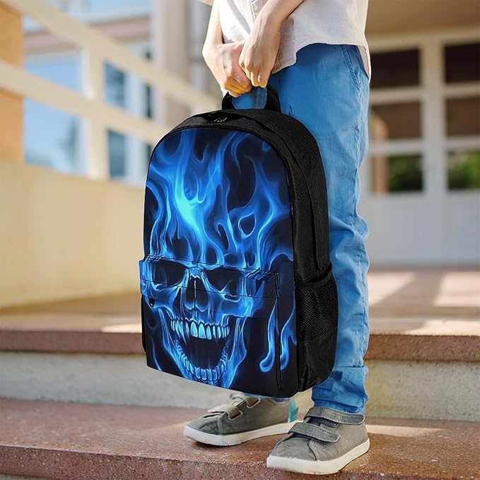 Supdreamc Backpack Multipurpose Anti-Theft Large Capacity Bookbag, Fire Flaming Blue Cool Skull Travel Hiking Daypack With Side Pockets