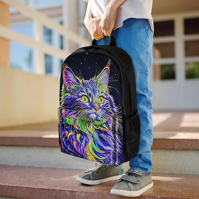 Supdreamc Rucksack Multipurpose Anti-Theft Big Capacity Shoulder Bag, Colorful Trippy Cat Art Travel Hiking Camping Rucksack With Side Pockets