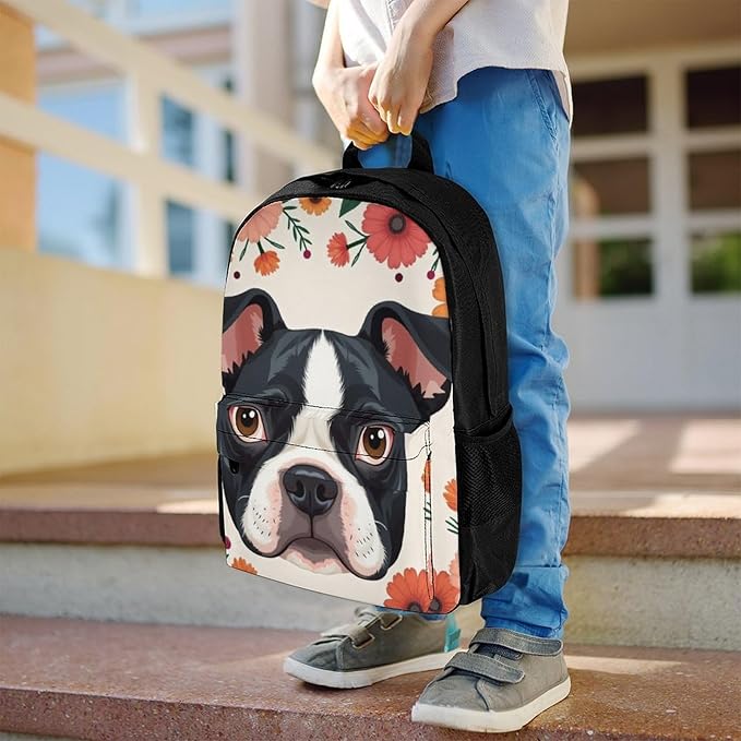 Supdreamc Polyester Daypack for Camping Travel Walking Cycling, Big Capacity Anti-Theft Multipurpose Bookbag, Boston Terrier Flower Floral Camping Outdoor Backpack