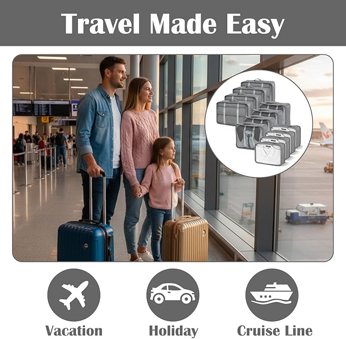 12 Pcs Packing Cubes for Suitcase, 3-Sizes Luggage Packing Organizers for Travel Accessories Hiking Camping Backpacking Clothes(Grey, L, M, S Size)