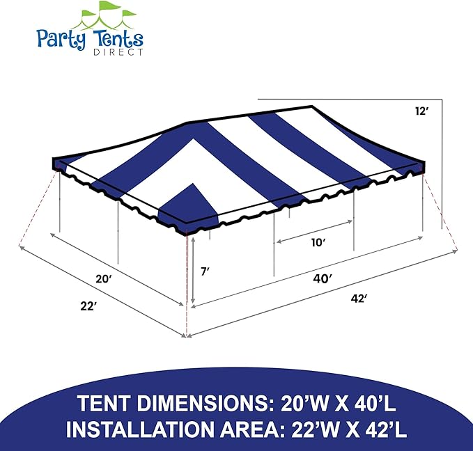 Party Tents Direct 20'x40' Weekender West Coast Tent Frame Party Tent (Blue/White) PVC Top with Storage Bag - Tents for Parties, Weddings, Birthdays, Banquets, Fiestas, Workshop, Outdoor Event