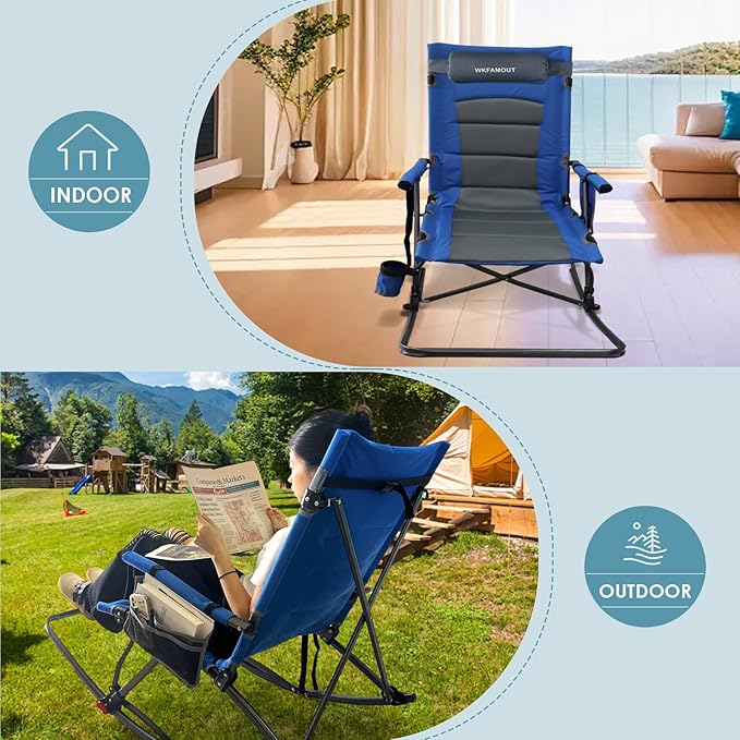 Oversized Folding Low Rocking Camping Chair with Footrest Removable Pillow Portable Outdoor Rocker Padded High Back Ergonomic Armrests for Patio Garden Lawn