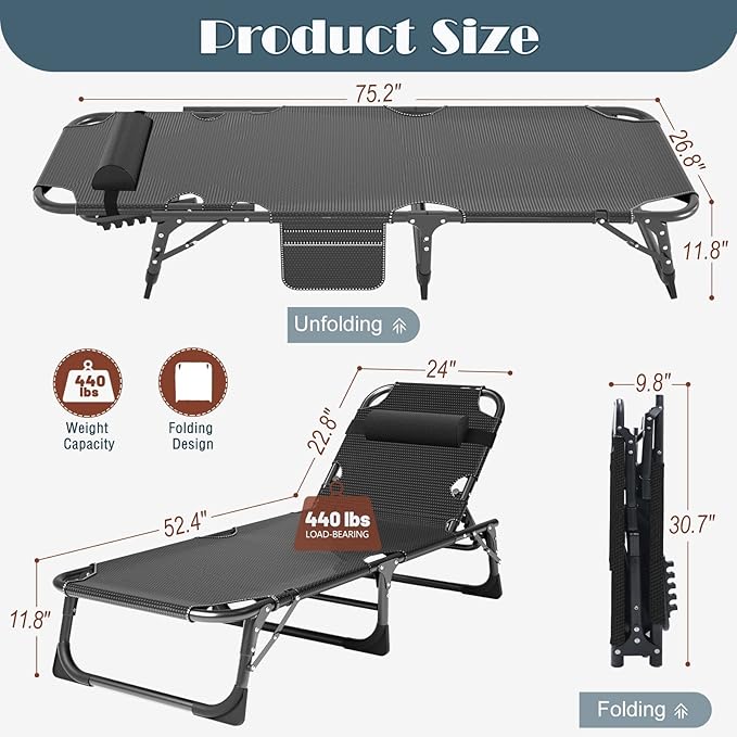 ABORON 3-in-1 Folding Patio Lounge Chair, 440LB Heavy-Duty Tri-Fold Guest Bed with Plush Cotton Cushion, No Assembly Adjustable Recliner for Office Nap, Patio Sunbathing, Poolside & Camping