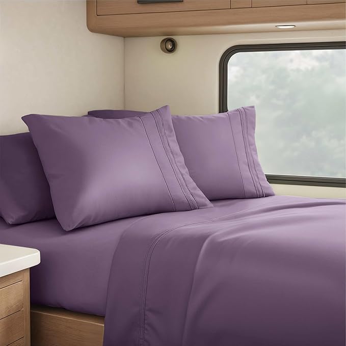 Hearth & Harbor Short Queen Sheets for RV, Purple RV Queen Sheets, Silky Soft 1800 Microfiber Bed Sheet for Camper, 4 Piece RV Bedding with Pillowcases
