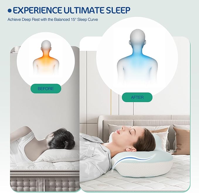 Ergonomic Cervical Pillow, Contour Design for Side & Back Sleepers, Memory Foam Orthopedic Cervical Shape Gently Cradles Head & Provides Neck Support & Shoulder Pain Relief (Blue)