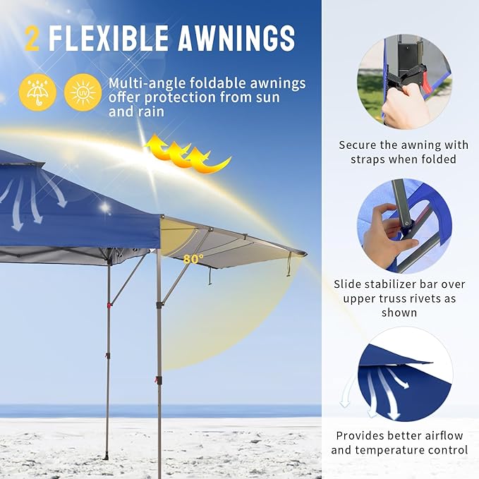 CROWN SHADES 10x10 Pop up Canopy Tent Patended Centerlock Instant Commercial Canopy with 150D Silver Coated Fabric Including 2 Extend Awnings, 4 Ropes, 8 Stakes, 4 Weight Bags, Navy Blue