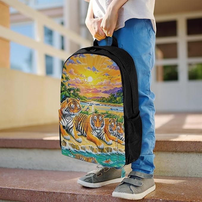 Rucksack Polyester Anti-Theft Multipurpose King Of The Tiger Tropical Rainforest Landscape Jungle Parrot Birds Carry On Bag Large Capacity Travel and Sport Backpack Rucksack With Smooth Zippers