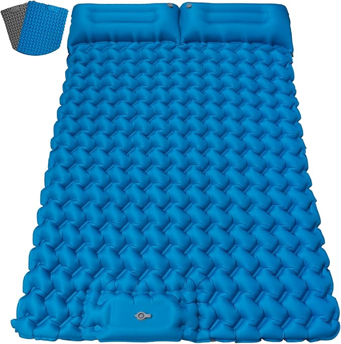 Inflating Sleeping Pad Mattress for Camping: Inflatable Camping Bed with Built-in Foot Pump for Tent - 4" Extra Thick Mat Air Cot for Floor - 2 Person Blue