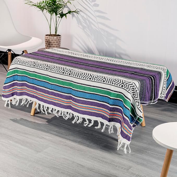 Airooglee 69" L x 51" W Large Mexican Blanket - Perfect as Yoga Blanket, Outdoor Blanket, Beach Blanket, Serape Blanket, Picnic Blanket, Camping Blanket, Woven Blanket, Boho Home Décor - Purple-Blue