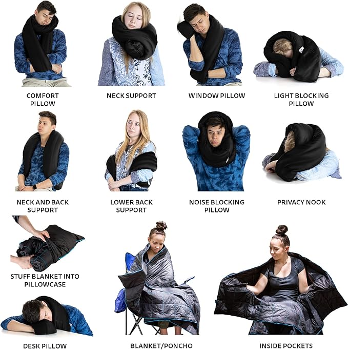 NAPRO Ripstop Outdoor Camping Pillow and Blanket 3-in-1, Versatile Lightweight Nylon Waterproof Stadium Blanket, Ultralight Backpacking Essentials, Travel Blanket and Pillow Set - Black/Turquoise