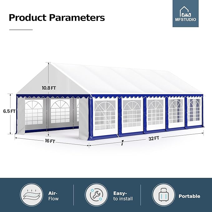 MFSTUDIO 16'x32' Party Tent, Outdoor Heavy Duty Party Tents with Removable Sidewalls, Large Canopy Tent Shelter for Outdoor Events Wedding Birthday, Blue